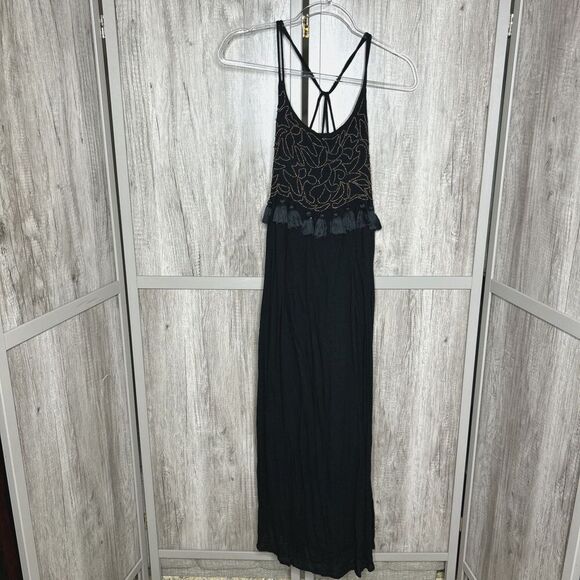 Rada Maxi Dress Tassels Beaded Open Back Bohemian Black Color Size XS NWT - Picture 1 of 10